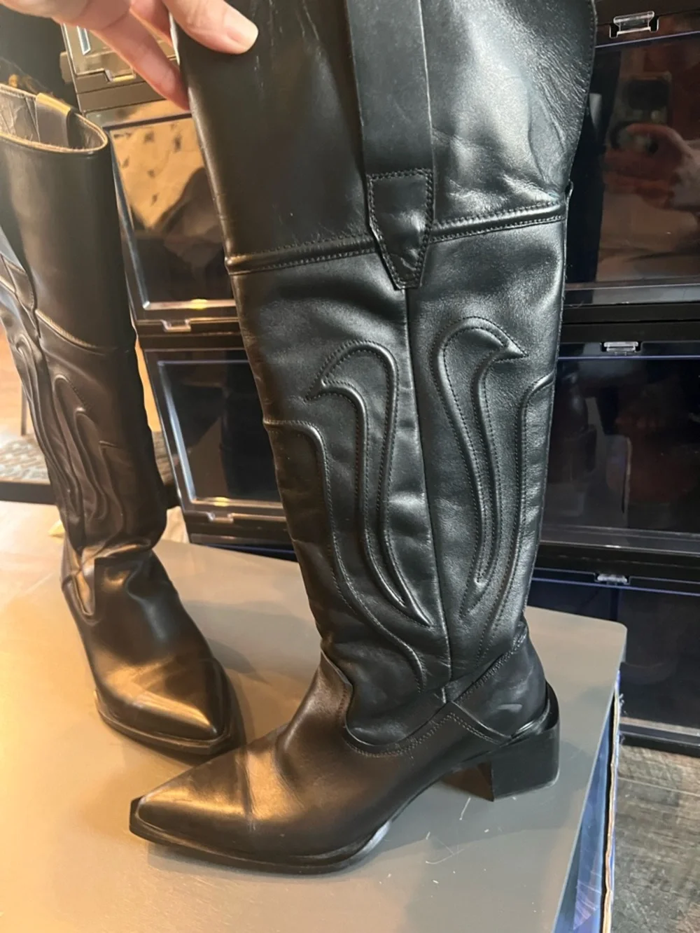 Zara Black Over-the-Knee Leather Boots with Western Stitching - Festival Boot